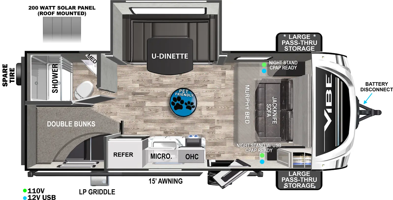 The 18DB has one slideout and one entry. Exterior features battery disconnect, front pass-thru storage, 15 foot awning, LP griddle, rear spare tire, and 200 watt roof-mounted solar panel. Interior layout front to back: murphy bed jackknife sofa with nightstands on each side, and door side wardrobe; off-door side u-dinette slideout; door side entry, kitchen counter with cooktop and sink, overhead cabinet with microwave, and refrigerator; rear off-door side full bathroom with medicine cabinet; door side rear double bunks. Pet Friendly RV.